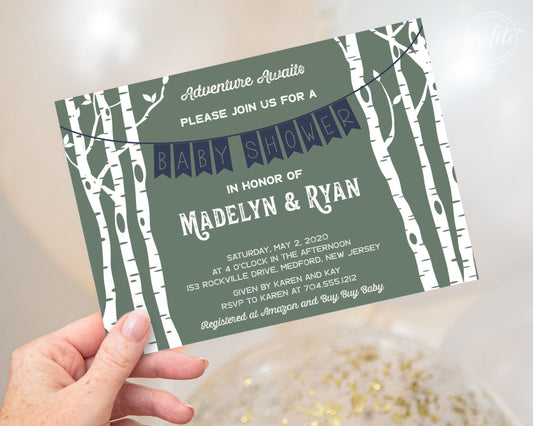 Adventure Awaits Woodland Banner Baby Shower Inivitation