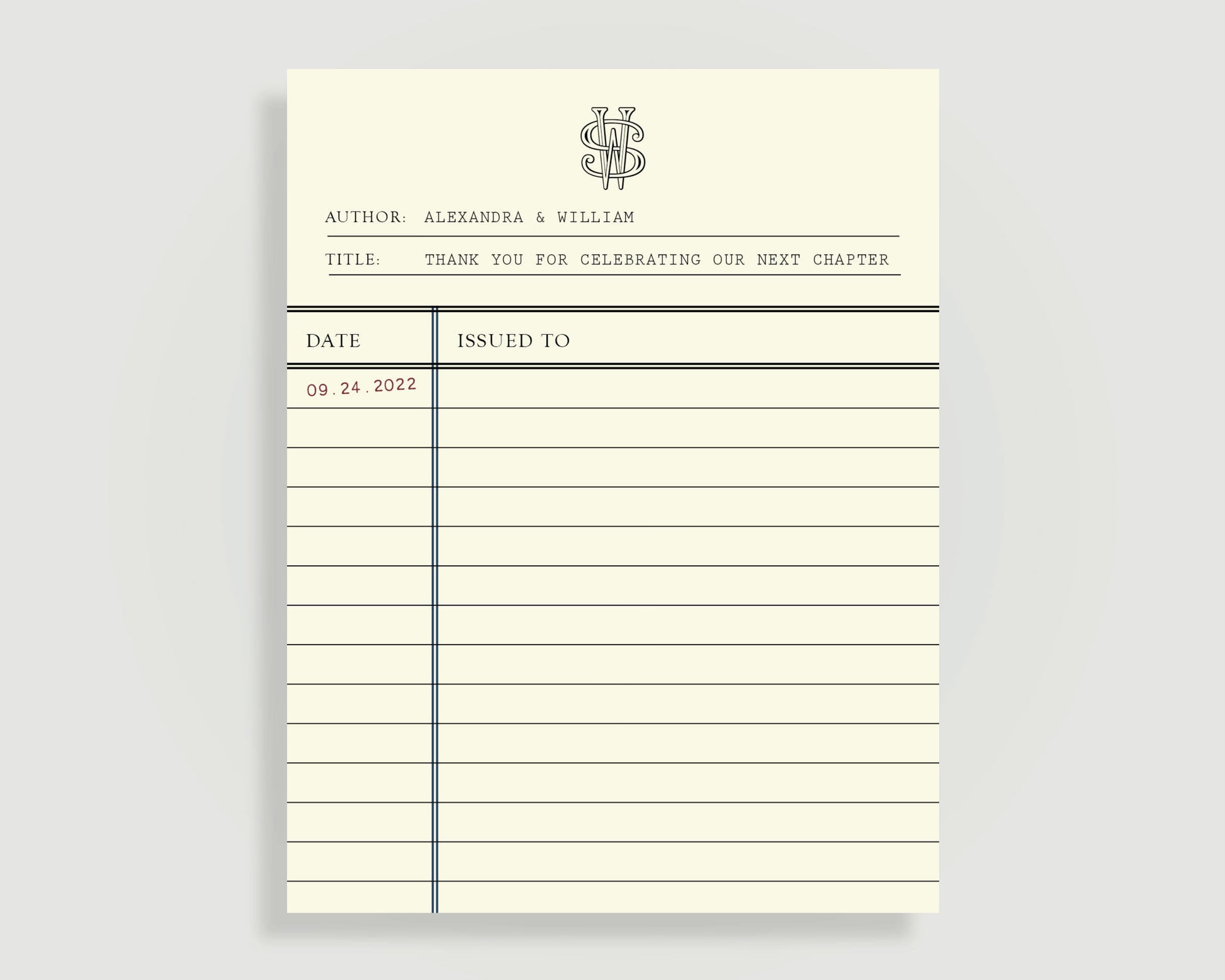 Book theme wedding thank you card