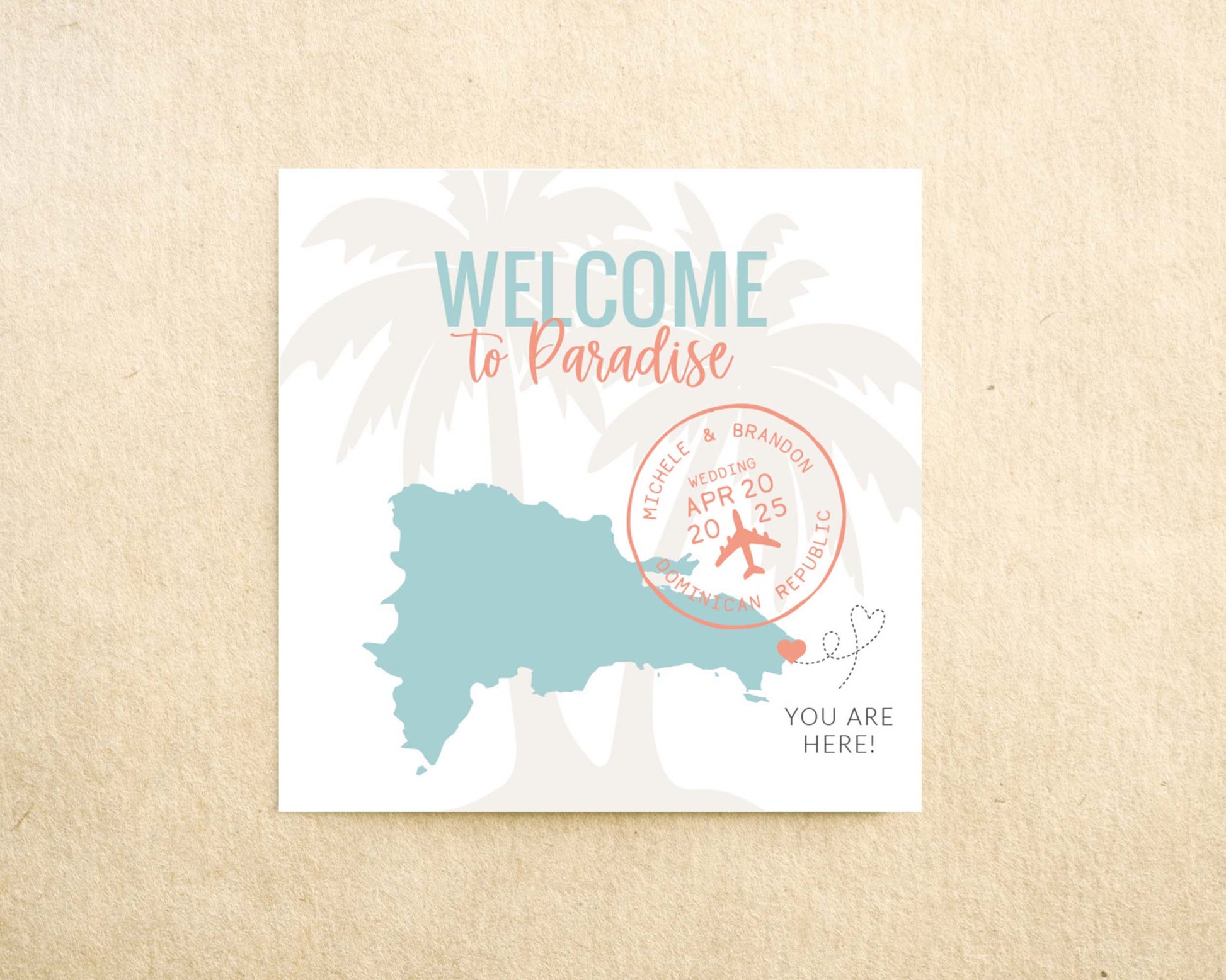 Welcome to Paradise Palm tree and map destination wedding welcome bag sticker