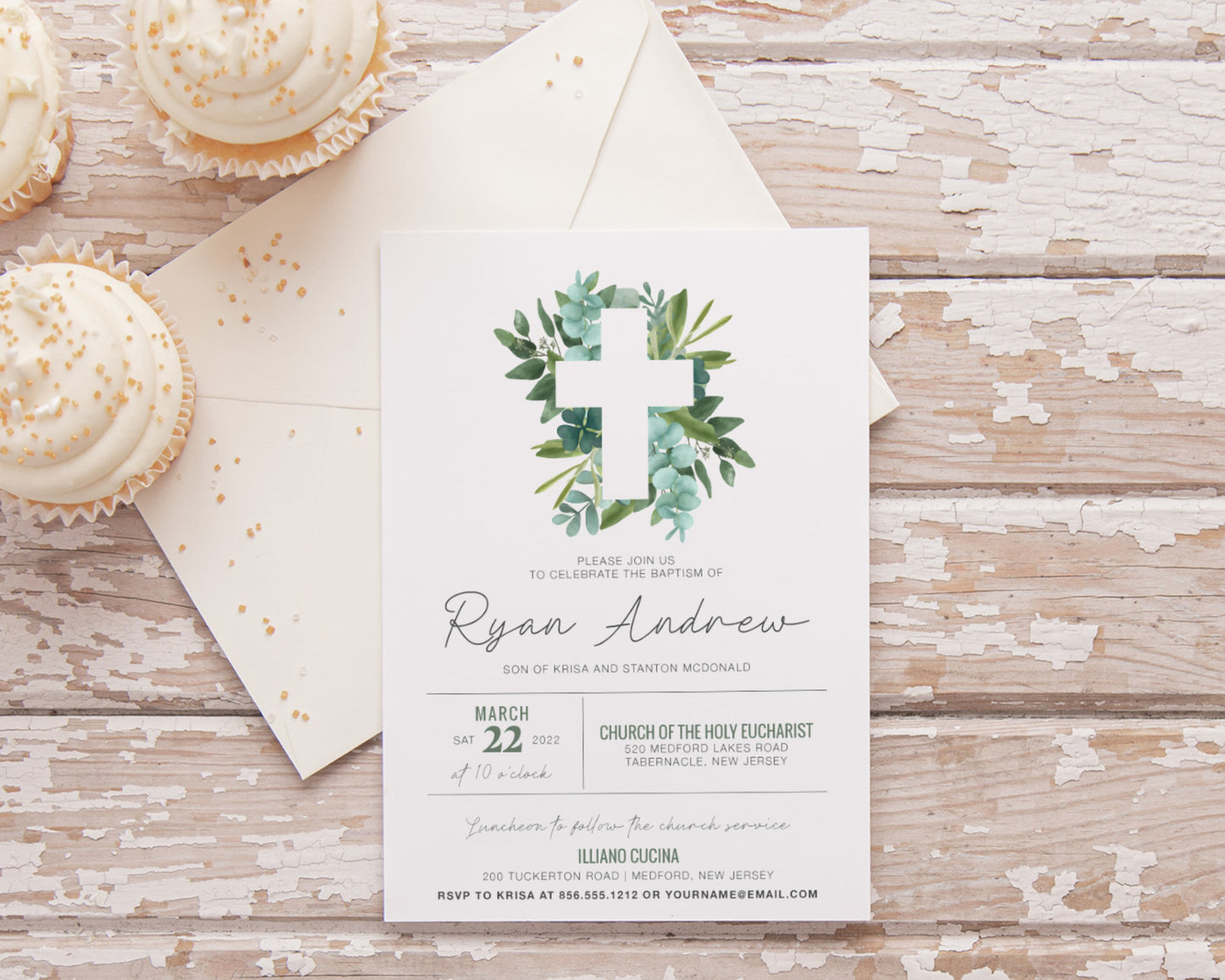Eycalyptus water color baptism invitation