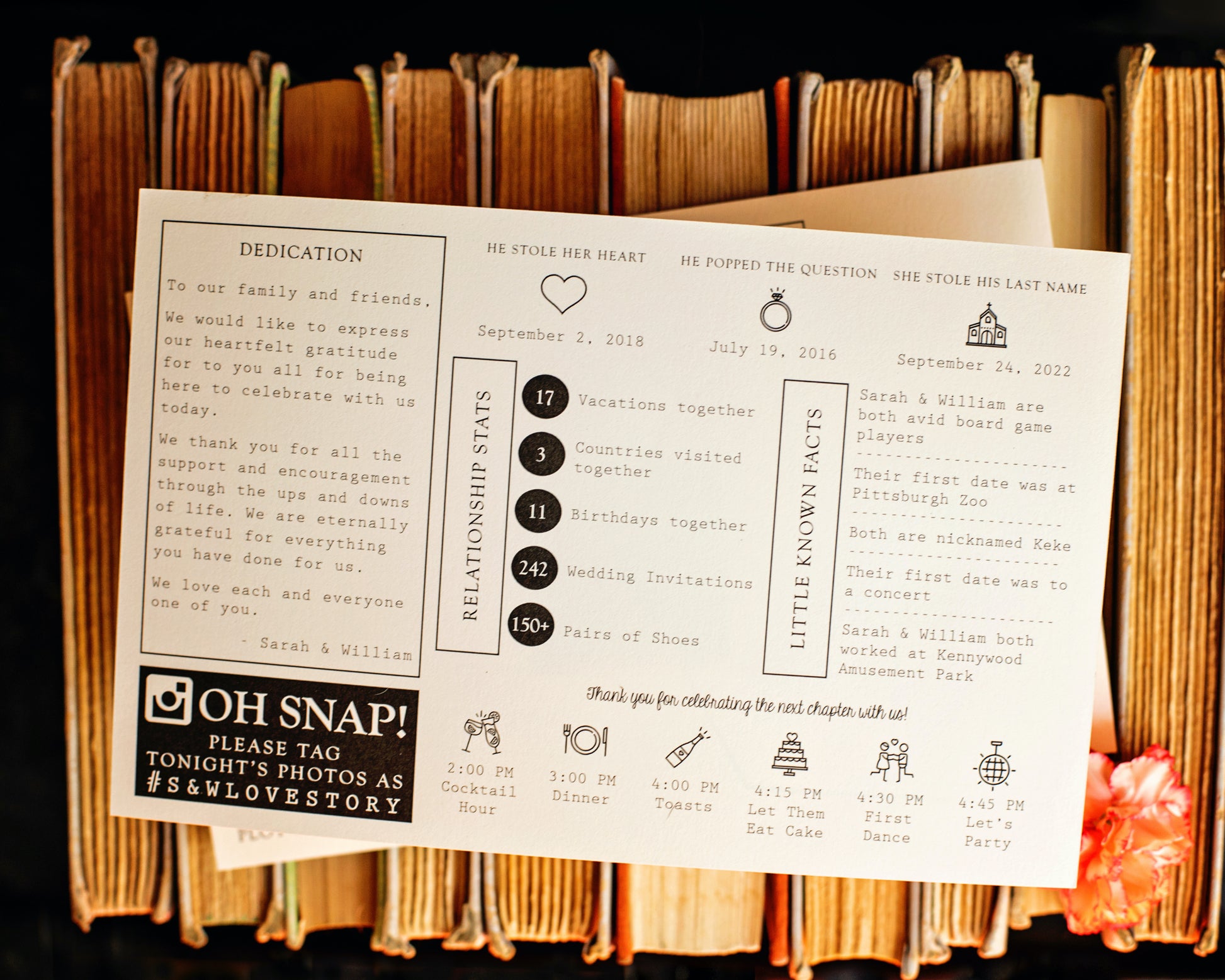 Infographic wedding program for book themed wedding