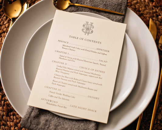Table of contents menu for a book theme wedding