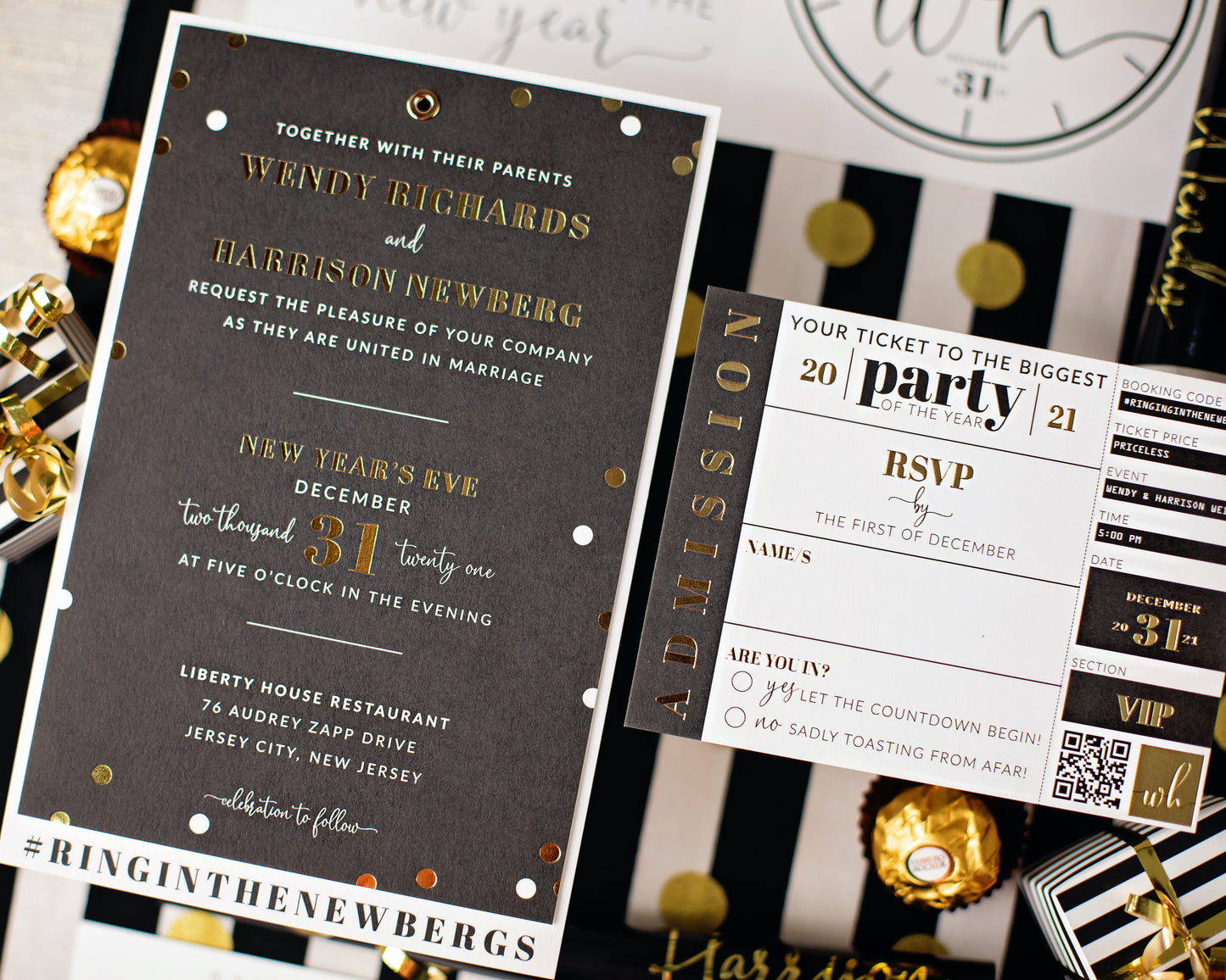 Gold Confetti New Year's Eve Wedding Invitation