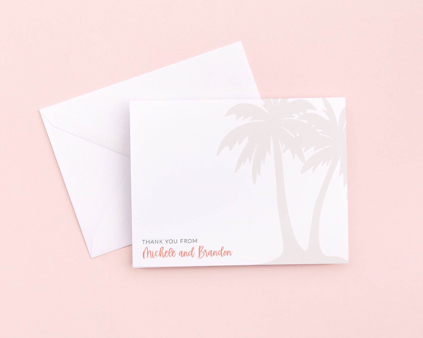 Destination wedding thank you card with palm tree design