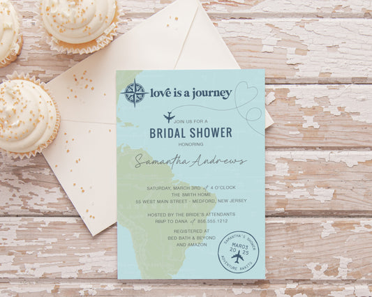 Love is a journey bridal shower invitation - Map with compass and passport stamp design