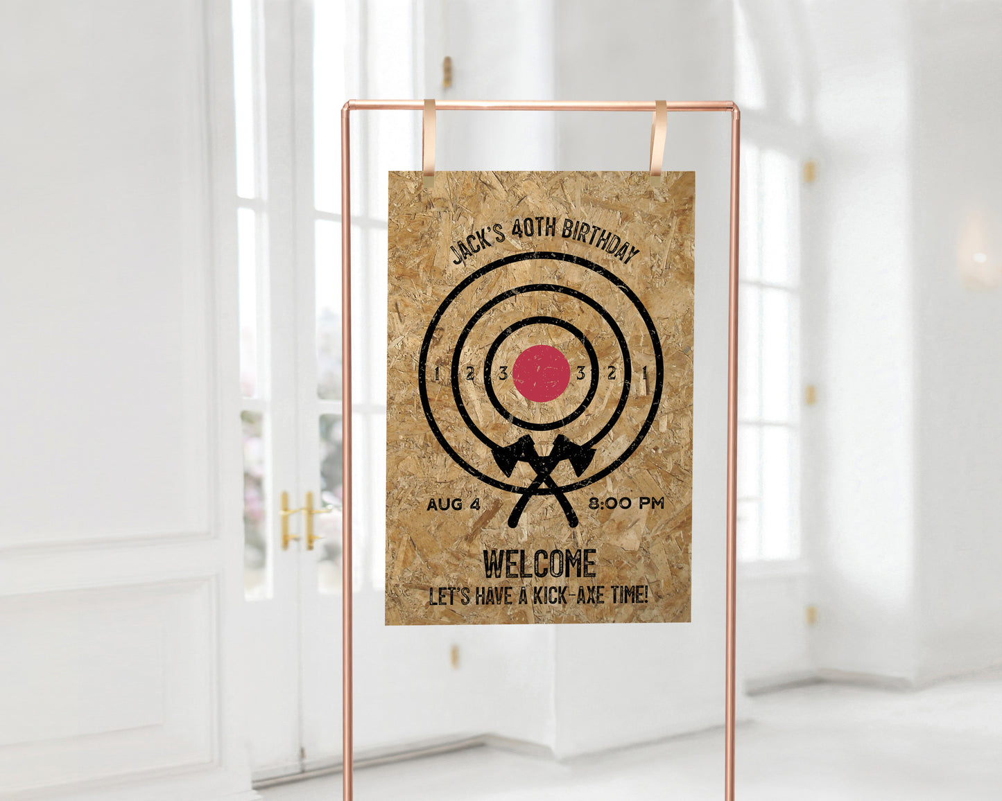 Axe throwing birthday party welcome sign