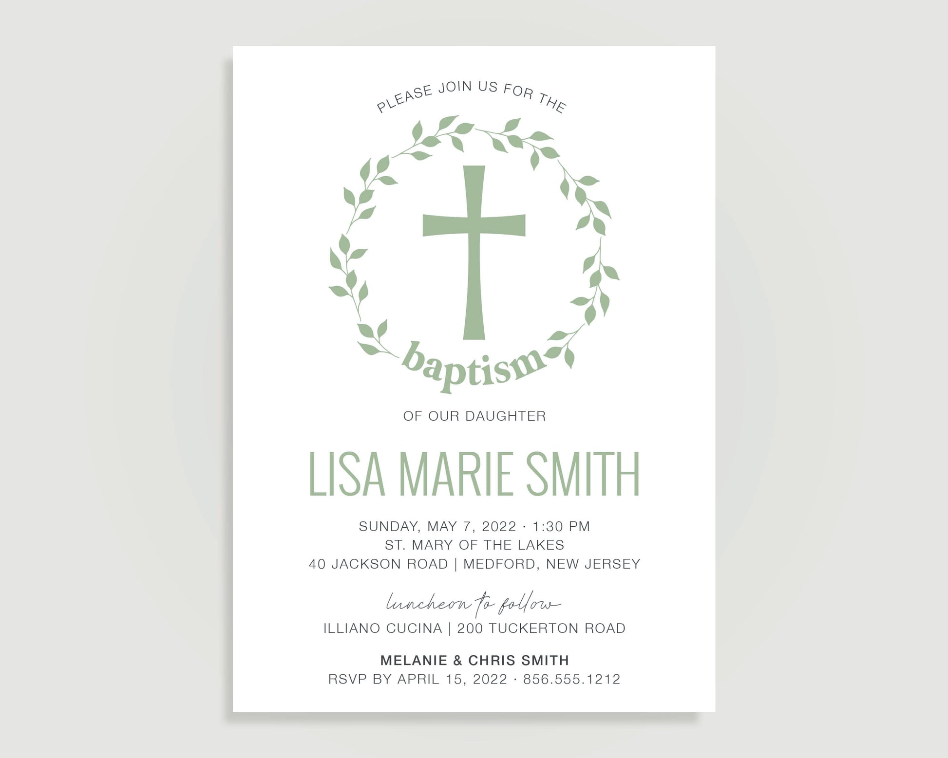 Laurel wreath baptism invitation