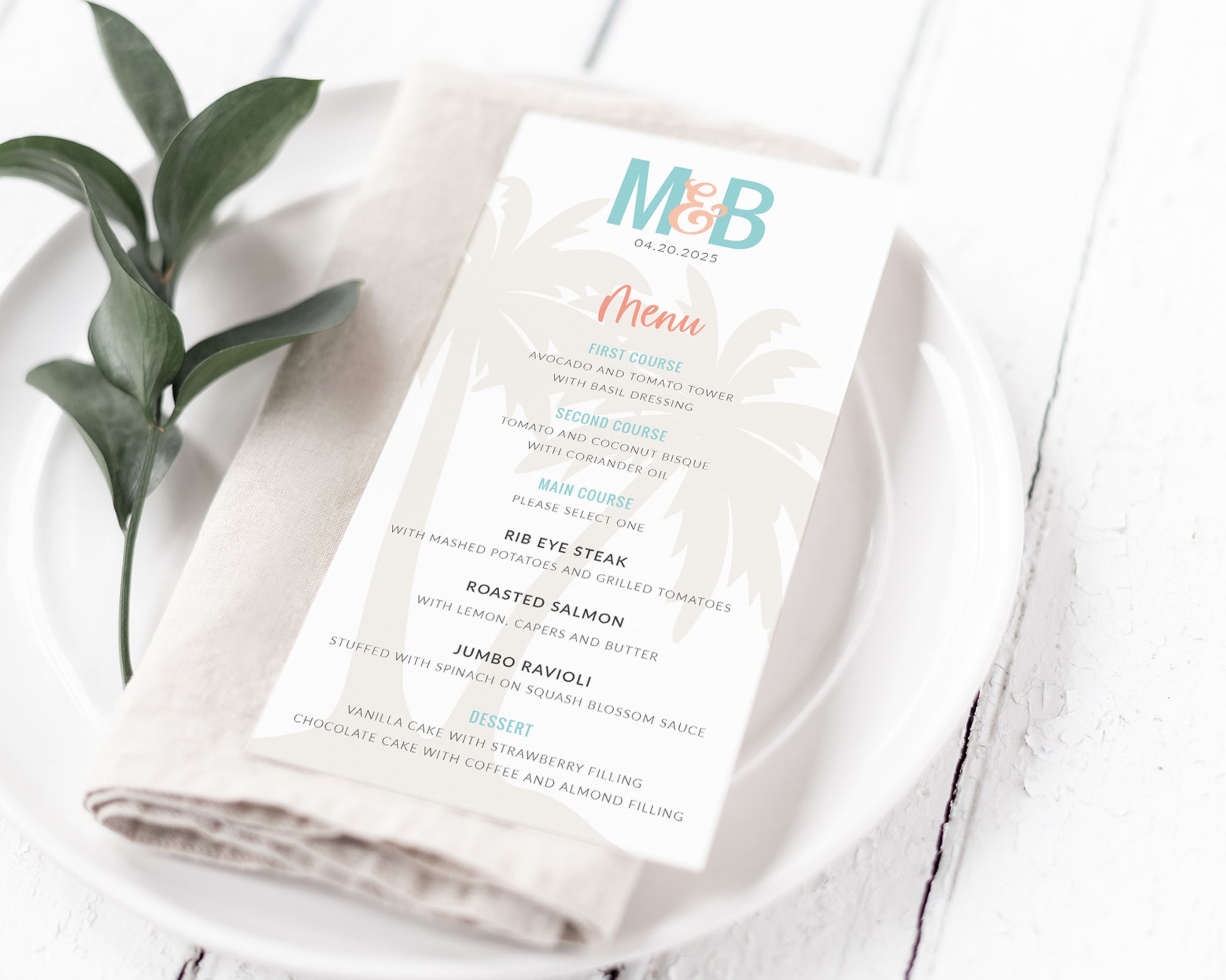 palm tree wedding dinner menu for destination wedding