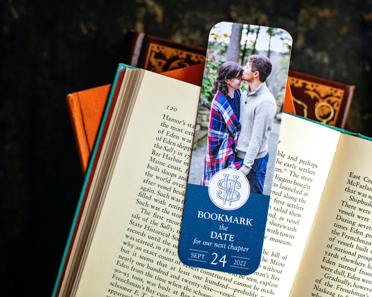 Bookmark save the date card for book themed wedding