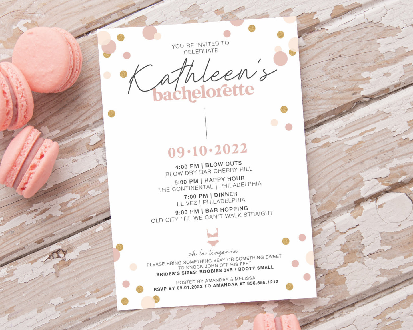 Blush, Rose Gold, Gold Confetti Bachelorette invitation with itinerary and lingerie sizes