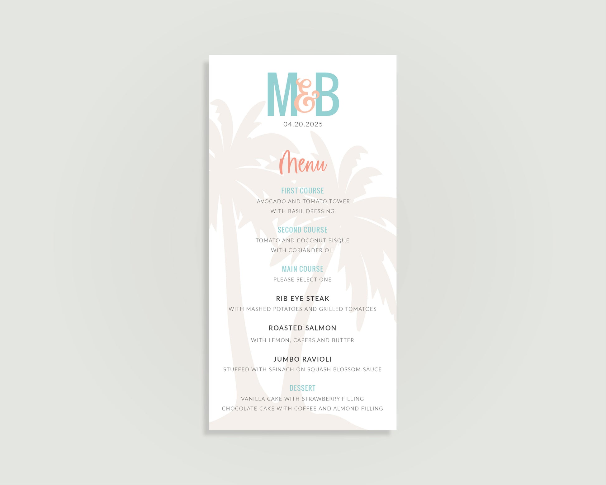 Destination wedding dinner with with palm tree design and monogram