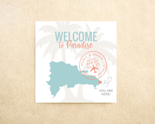 Welcome to Paradise Palm tree and map destination wedding welcome bag sticker