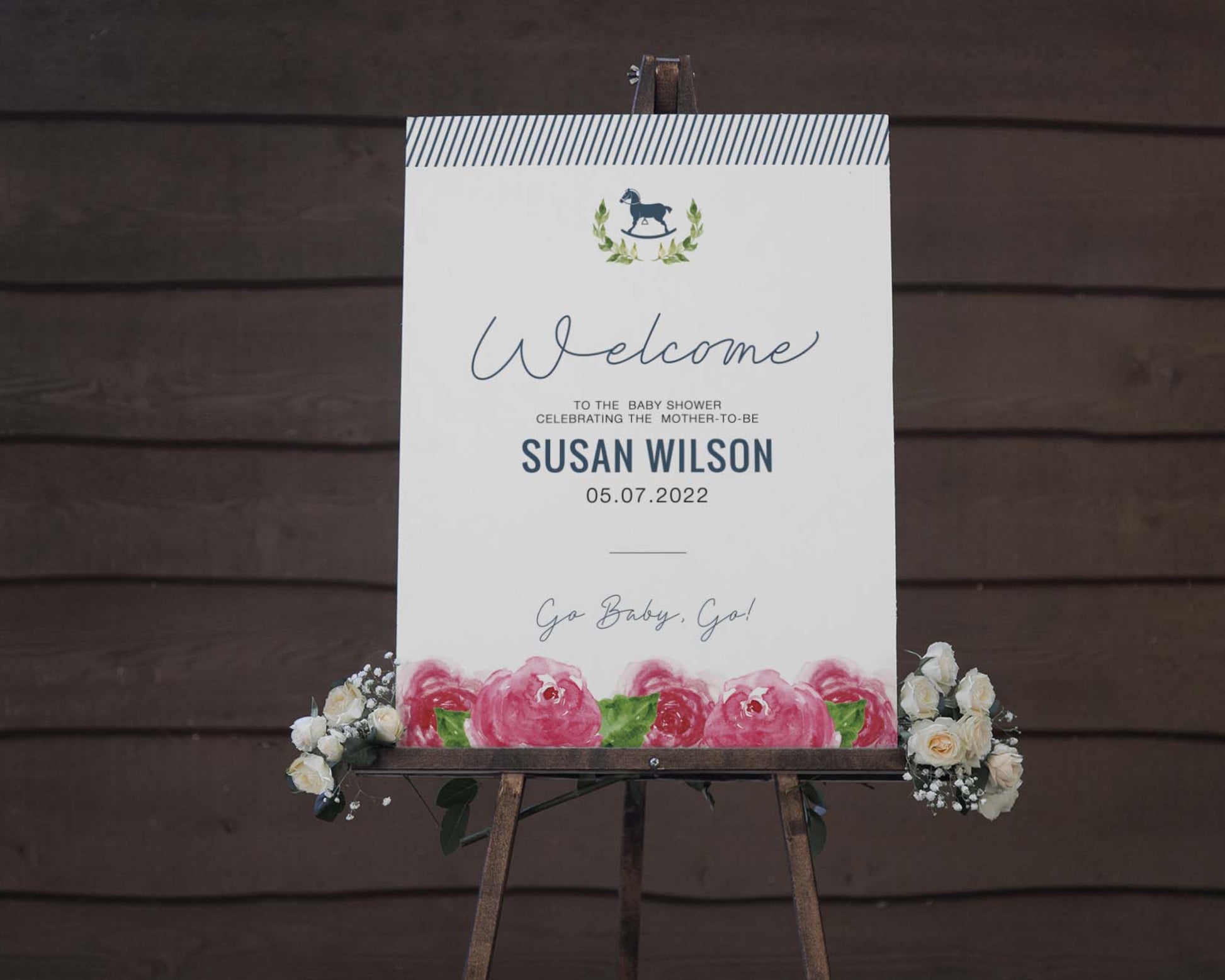 Kentucky Derby Baby Shower Welcome with pink roses and rocking horse design