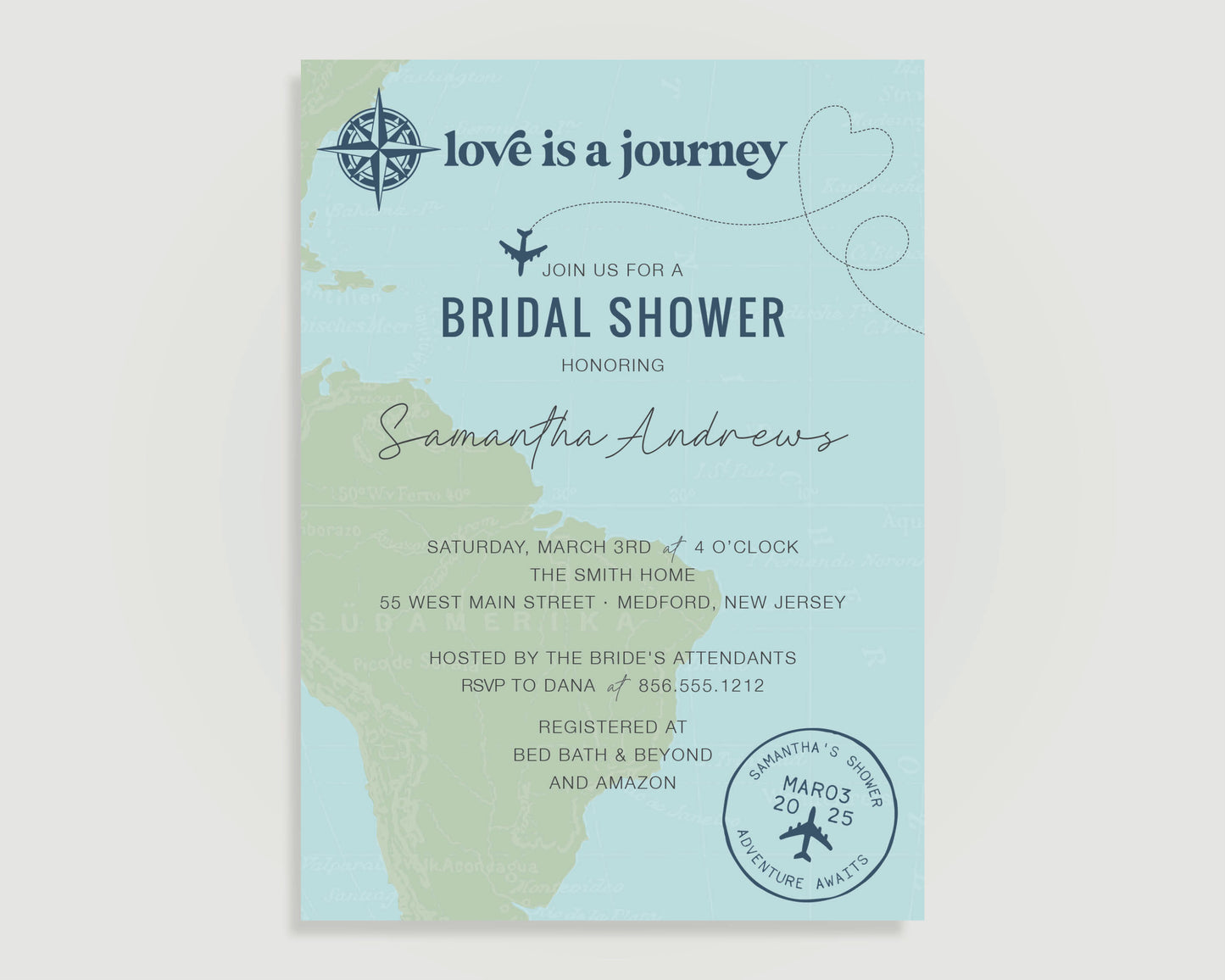 Travel themed bridal shower invitation with map and passport stamp design