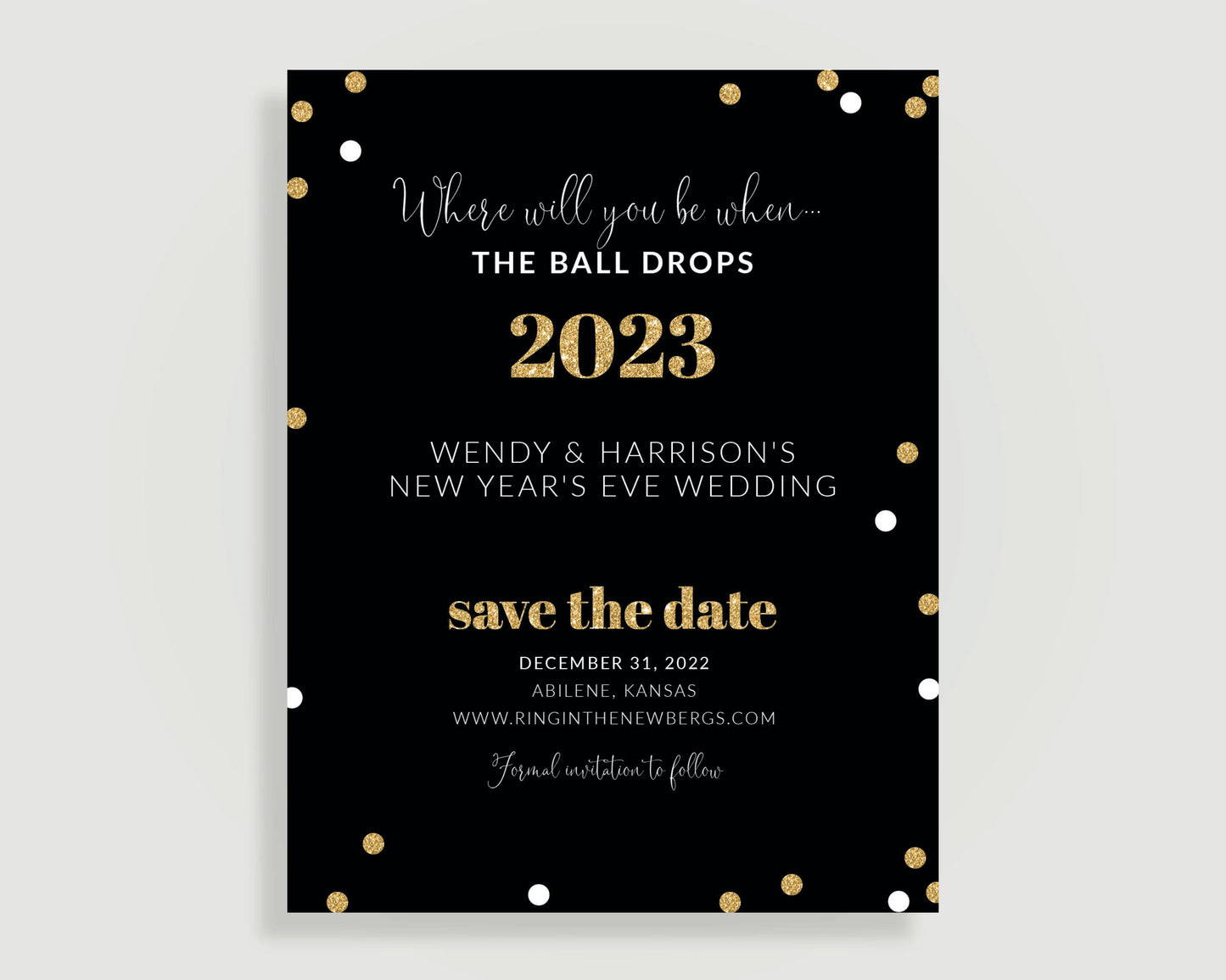Gold Glitter and Black New Years Eve Wedding Save the Date card with confetti