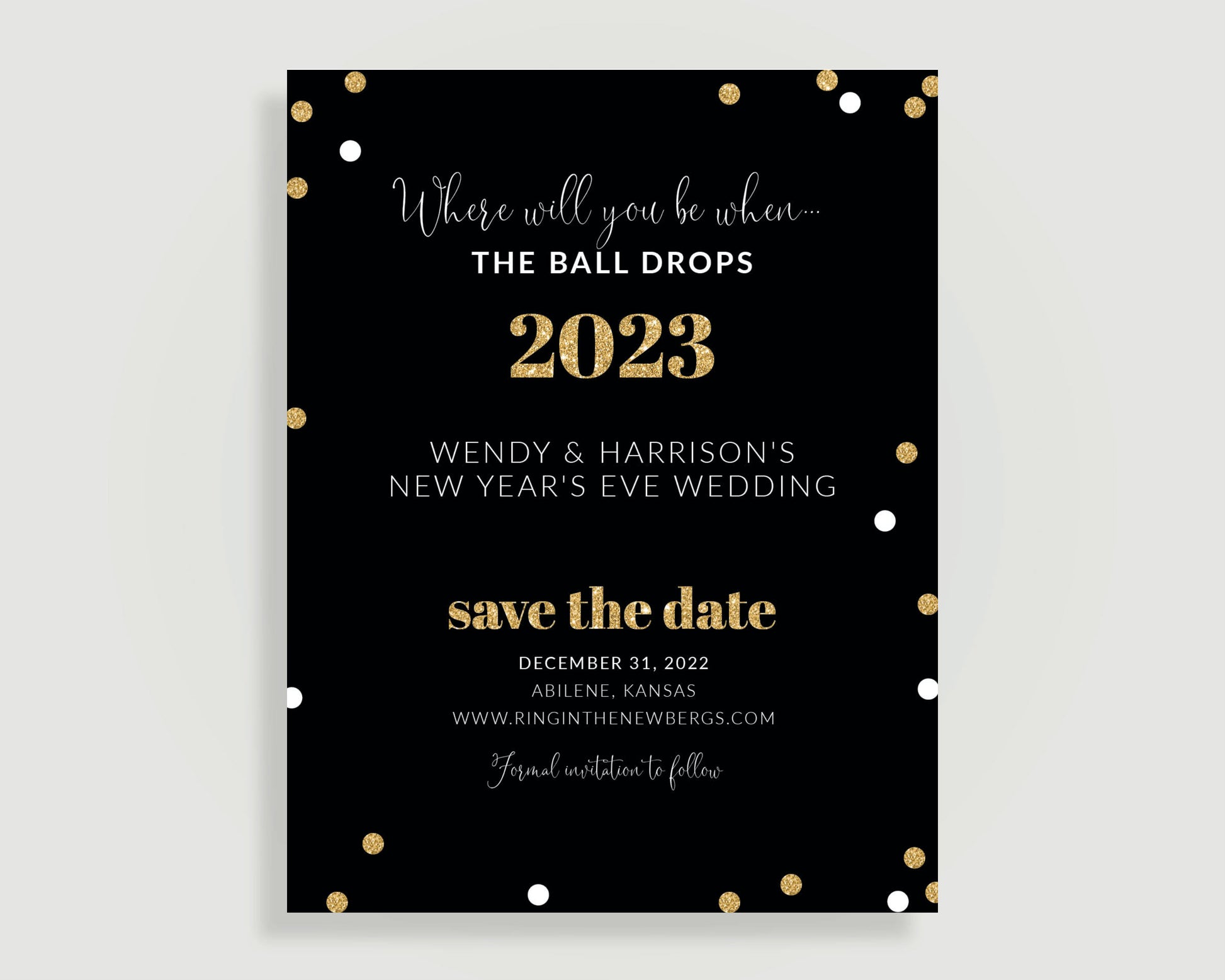 Gold Glitter and Black New Years Eve Wedding Save the Date card with confetti