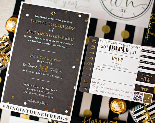 Gold Confetti New Year's Eve Wedding Invitation
