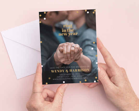 Ring in the New Year Wedding Save the Card with Picture and Gold Confetti
