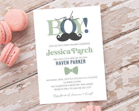 Oh Boy Baby Shower Invitation with Mustache and Bow Tie