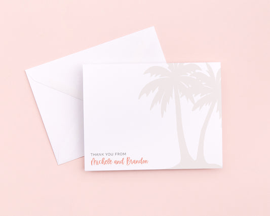 Destination wedding thank you card with palm tree design