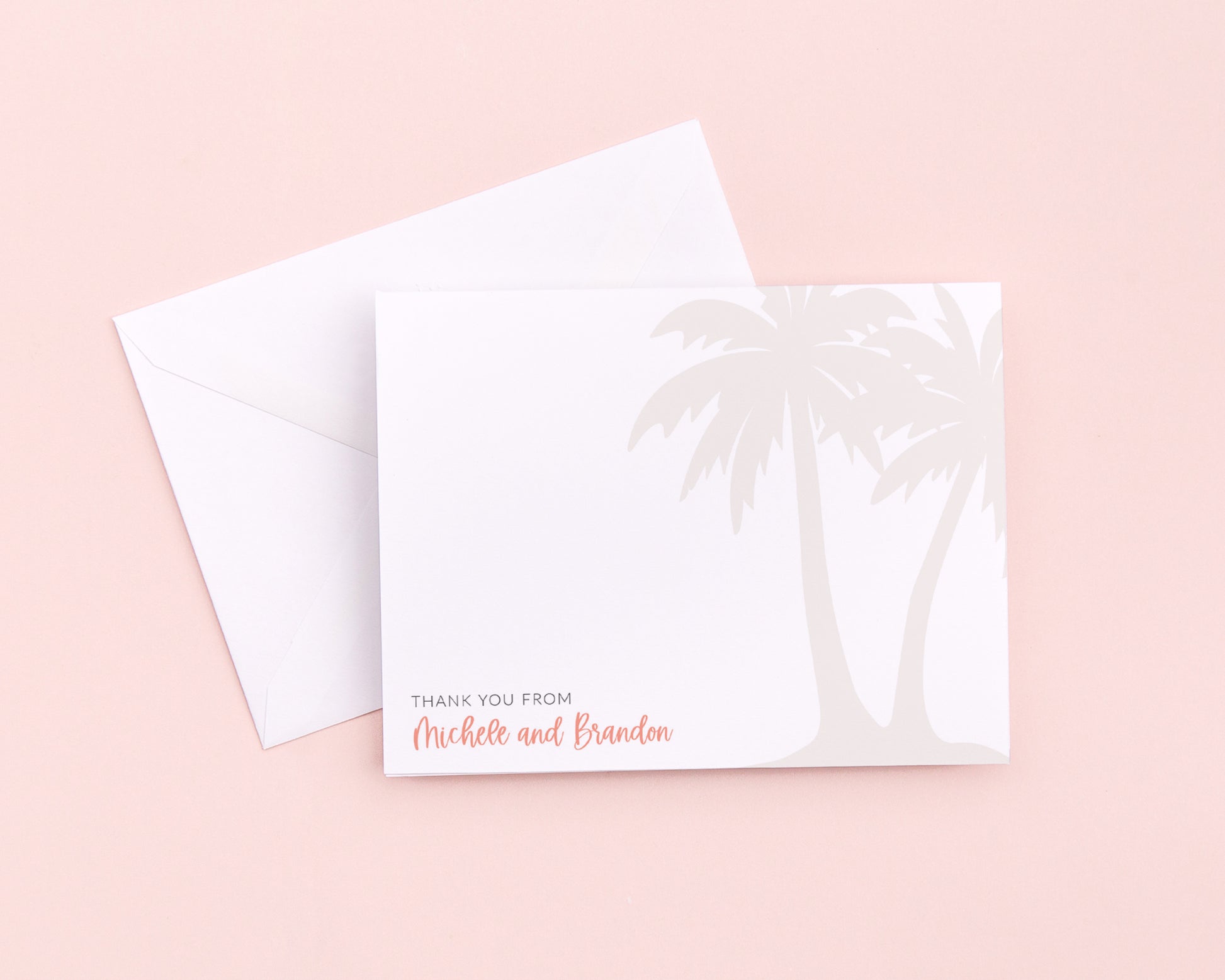 Destination wedding thank you card with palm tree design