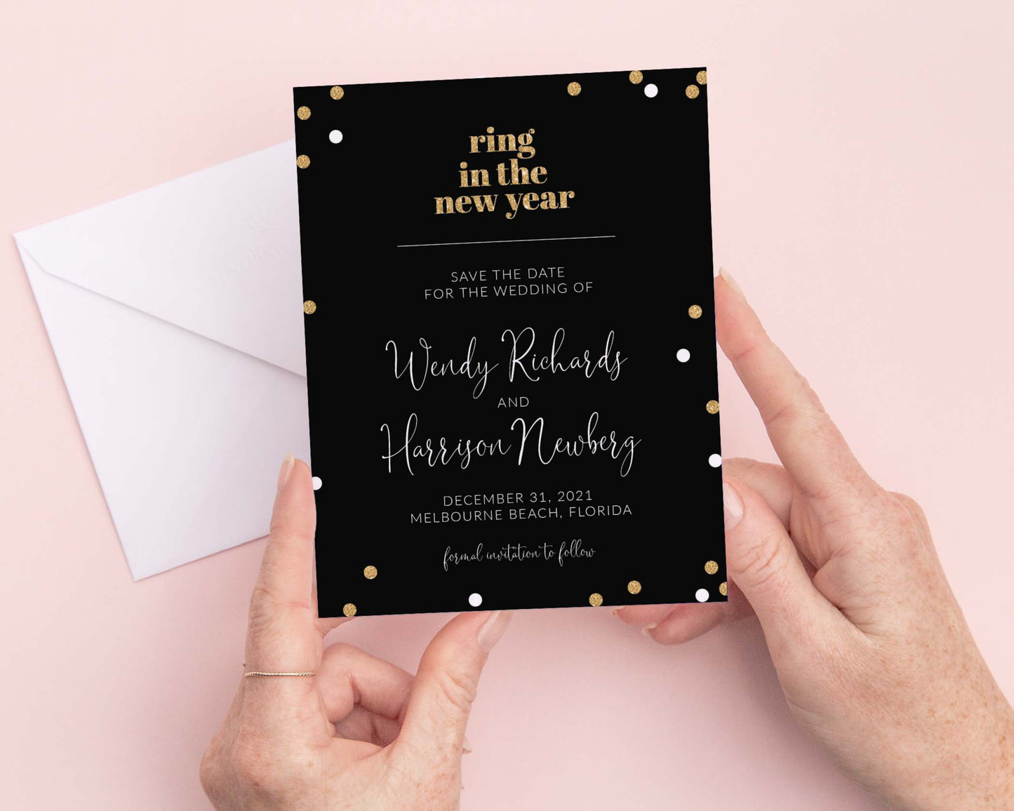 Ring in the New Year Wedding Save the Date card