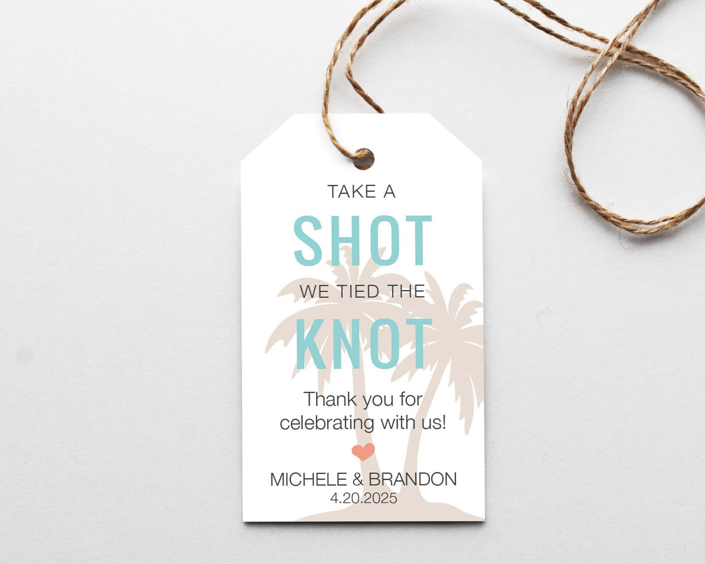 Take a shot we tied the knot destination wedding favor tag